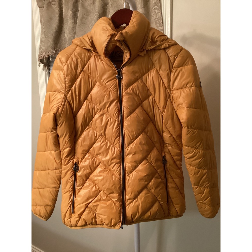 Michael Michael Kors Packable Puffer Jacket Mustard Yellow Hooded Chevron Small
